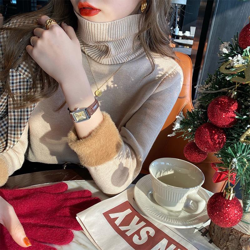 Fleece Sweater Women's Autumn and Winter Integrated Fleece Thickened Knitted Bottoming Shirt Turtleneck Pullover with Large Size Thermal Top Inside