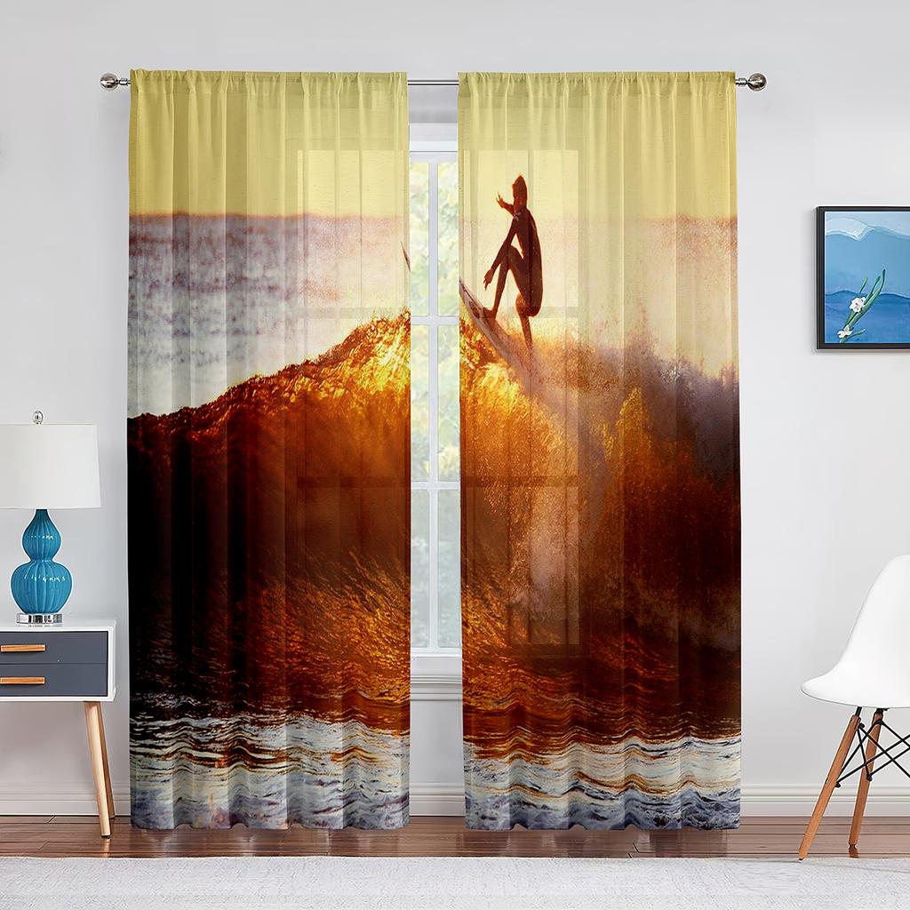 Ozeanwellen-Abenteuer Surfen Extremsport Tüllgardinen für Wohnzimmer Schlafzimmer Dekoration Transparente Voile-Fenstervorhänge Drapierungen