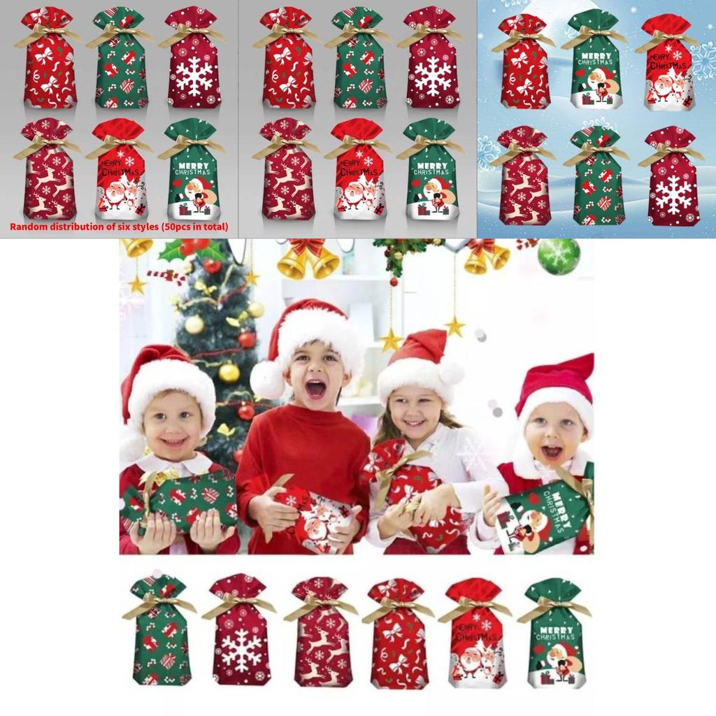 Christmas Gift Bag With Drawstring Ribbon Santa Print For Holiday Packaging
