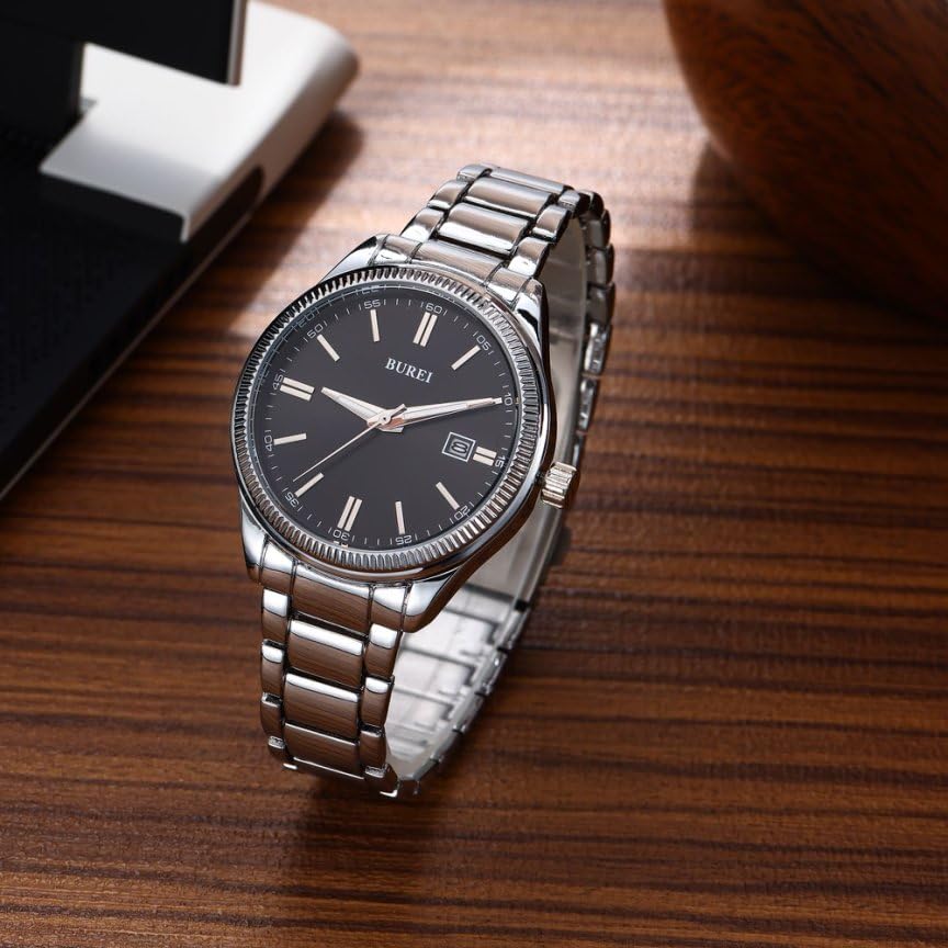 BUREI Men's Analog Quartz Watch with Date Display, Easy-to-Read, Waterproof, Stainless Steel, Black and Silver, Popular Brand, Stylish, Gentleman's,