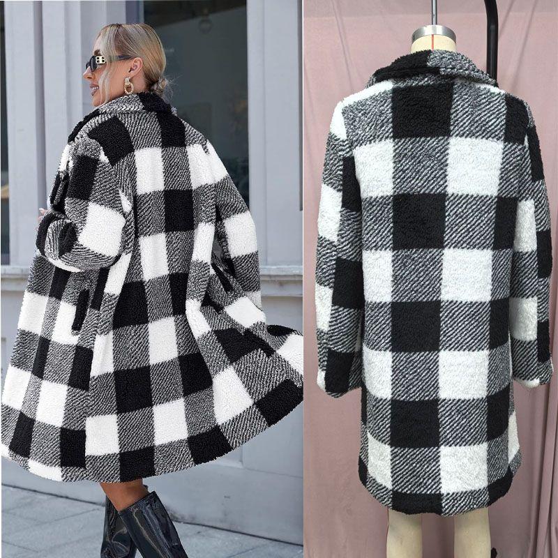

2025 New European and American Cross-Border Spring and Autumn Women Lapel Long sleeve No Buckle Plaid Mid-Length Loose Casual Outerwear Coat Black and White 2XL