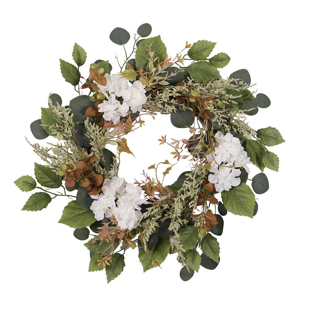 

20 Inches Artificial Green Eucalyptus Leaf Wreath, Spring Summer Greenery Wreaths For Front Door Decor With Big Hydrangea For Indoor Outdoor Decor As shown
