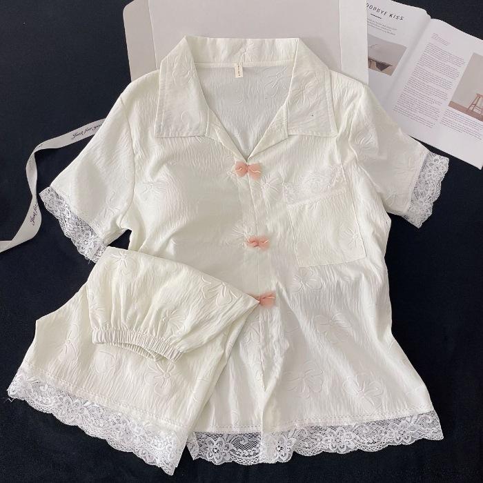 

Cloud cotton pajamas with chest pads Women s summer short-sleeved shorts Bow embossed national style cardigan Loungewear set M