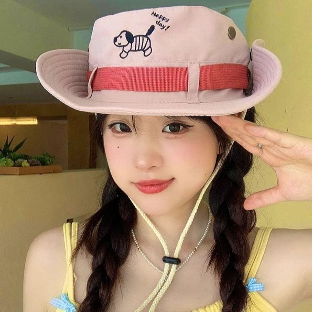 Big Brim Western Cowboy Hat Visor Sunscreen Fisherman Hat Retro Puppy Bucket Hat  Women