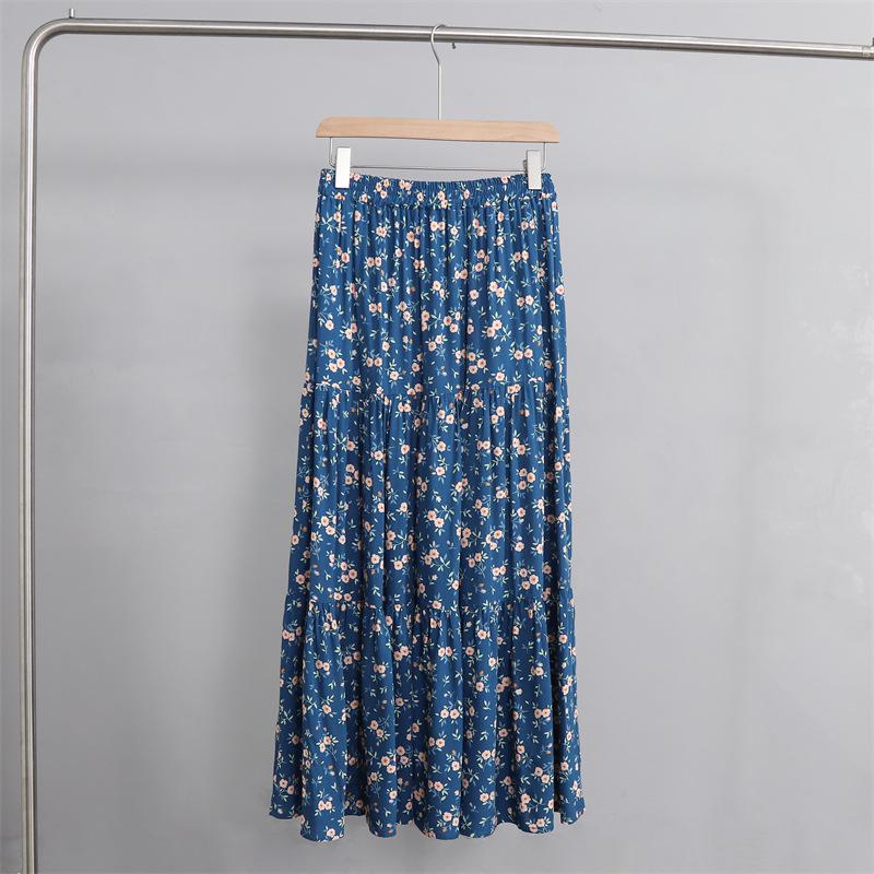 2025 Summer Floral Cotton-Silk Midi Skirt: Slimming, Thin Rayon Cardigan, Long Cake Skirt for Women.