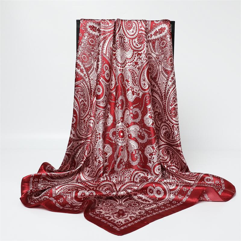Geometric cashew flower satin print silk scarf shawl sunscreen square scarf 91 satin imitation silk headscarf women's scarf