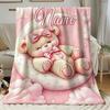 1pc Personalized Pink Bear Blanket with Custom Name/Text - Soft Quilted Flannel Suitable for All Seasons, Suitable for Sofa, Office, Camping & Travel,