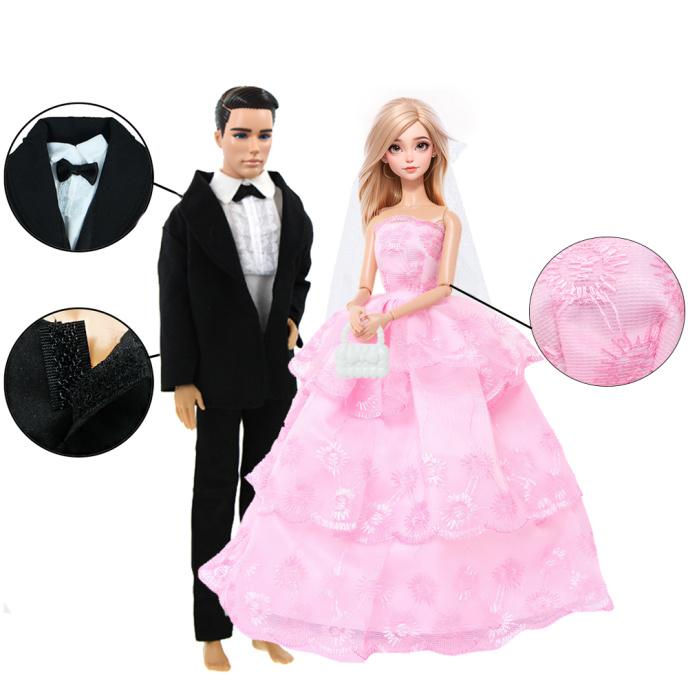 Wedding Doll Clothes for Barbie Ken Dolls Pink Gown with Veil Black Suit Fashion Shoes Outfits 1/6 30cm Doll Toy(NO DOLLS)
