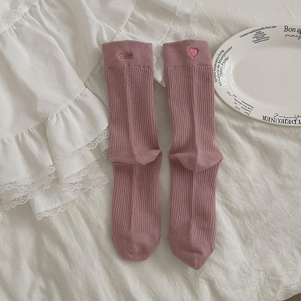 

Носки с вышивкой AB в форме сердца для женщин на осень и зиму, хлопковые длинные носки с надписью, слегка прижатые носки-гольфы средней длины 1 pair розовый