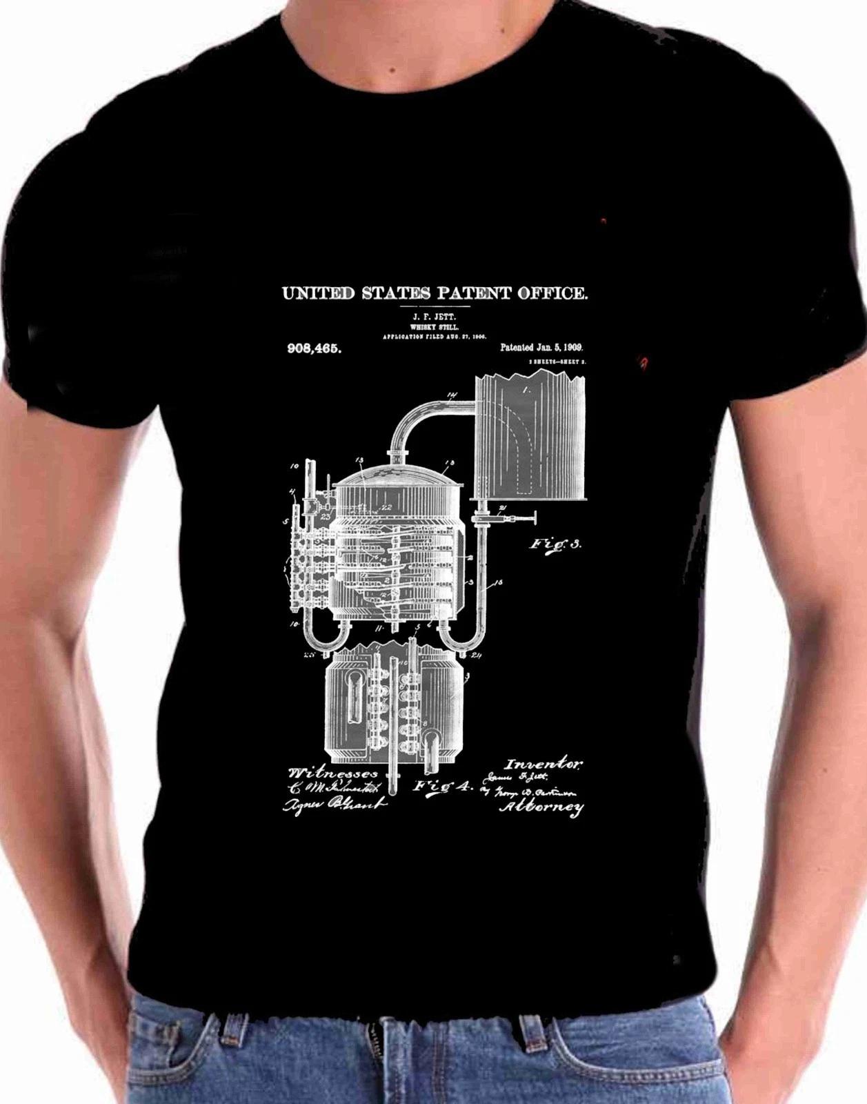 Whiskey Patent T-Shirt Drawing Art Liquor Making Old Whiskey Barrel Cotton Shirt L