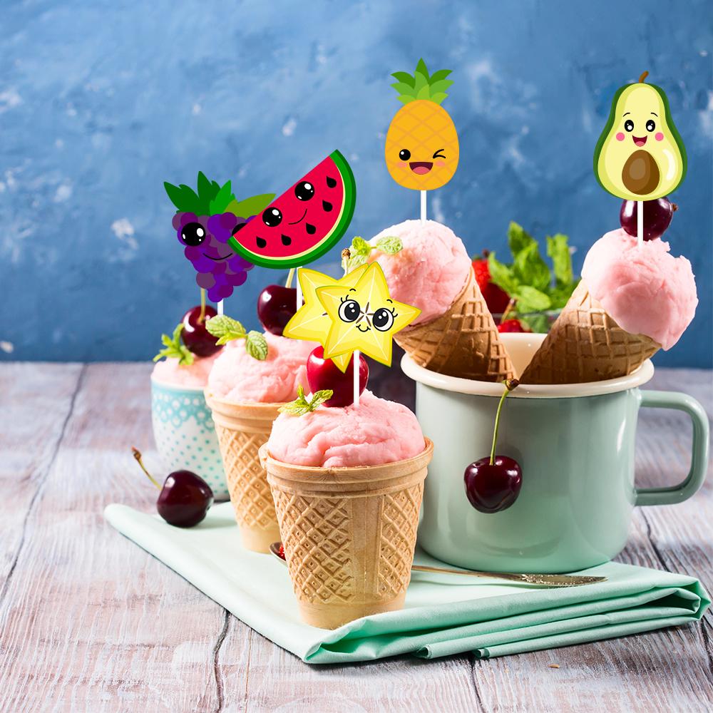 12/24 Piezas Toppers para Cupcakes de Frutas de Verano Sandía Limón Fresa Uvas Decoraciones para Pasteles Tema de Frutas Tropicales Fiesta de Cumpleaños
