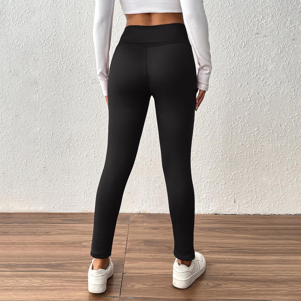 Women's Fleece-Lined Ribbed Thermal Leggings High-Waisted Slimming Design With Pockets Shapewear Leggings For Lifted Buttocks