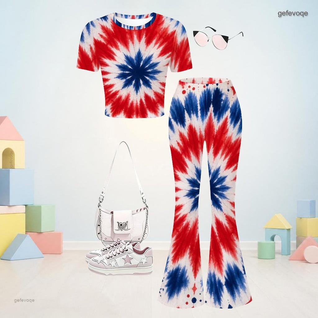 Girls Round Neck Short Sleeve Printed Top And Flared Pants Navy Blue Two Piece Set
