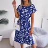 Fashion Short Sleeve Printed O Neck Loose A-line Summer Dress Elegant Casual Simple Pleated Lace-up Party Dresses Holiday Female Woman Clothing