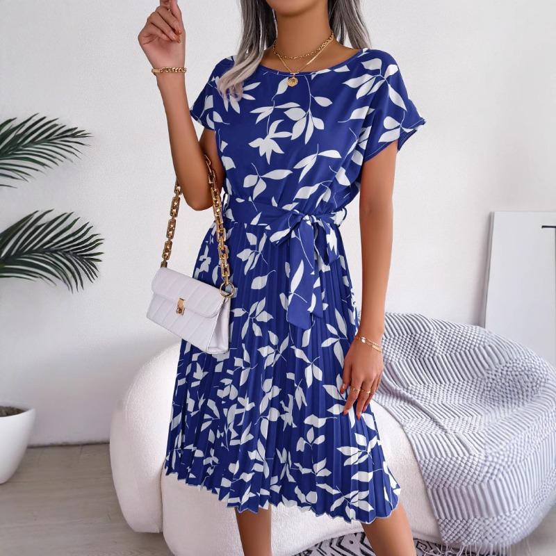 

Fashion Short Sleeve Printed O Neck Loose A-line Summer Dress Elegant Casual Simple Pleated Lace-up Party Dresses Holiday Female Woman Clothing XL жовтий