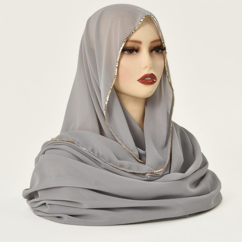 Hot-selling popular pearl chiffon chain scarf solid color chiffon light and breathable yarn head scarf