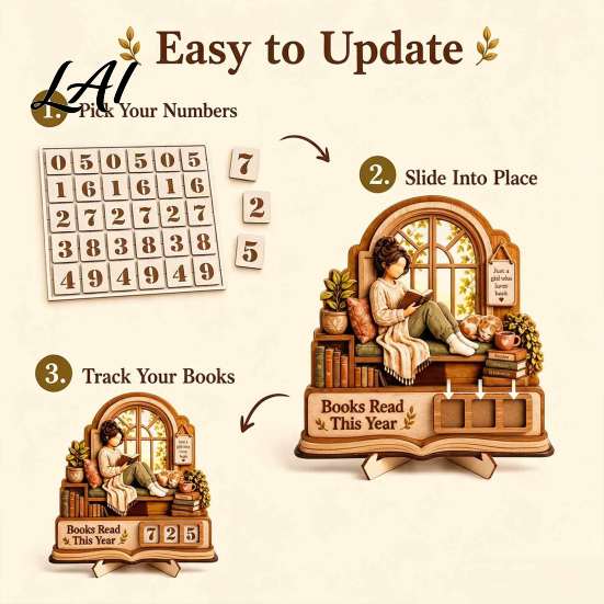Decorative Girl Reading Ornament Book Read This Year Tracker 3D Layered Wooden Window Goal Tracker Count Stand with Replaceable Number Lover Desktop