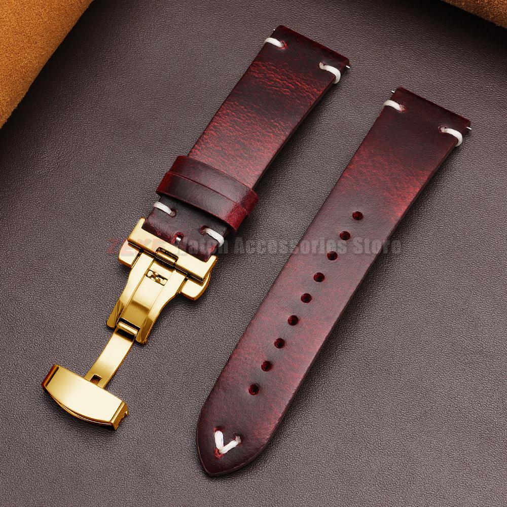 Vintage Oil Wax Leather Watch Band 18mm20mm 22mm Bracelet for Seiko Butterfly Buckle Stitching Cowhide Strap for Omega Watchband