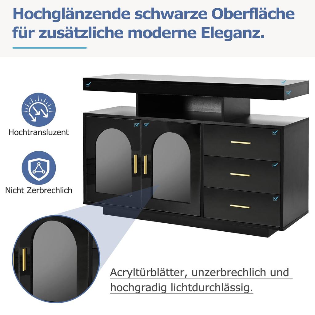 Kredens Bufetowy z Oświetleniem LED, Komoda Szafka 2 Drzwi 3 Szuflady, Nowoczesna Szafka Pomocnicza do Salonu Jadalni Przedpokoju, 120x40x80cm