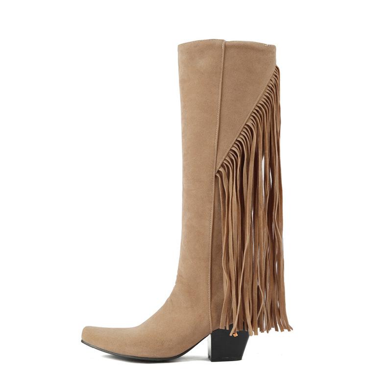 Fashion Fringed Tassels Knee High Boots Winter Women Suede Thick Heels Boots Square Toe Shoes for Women Botas Mujer WSH4710