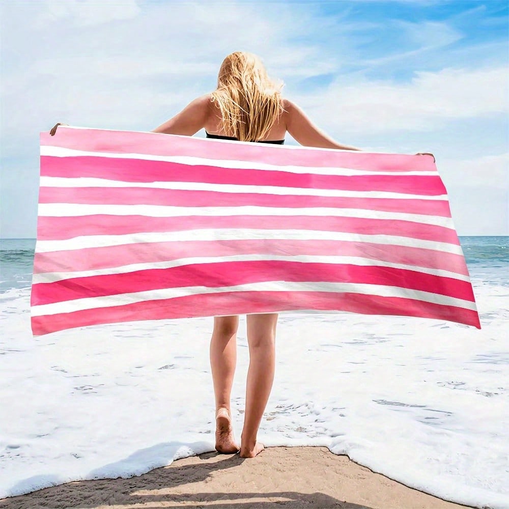 One Beach Towel Featuring A Vibrant Pink And White Striped Pattern, Ideal For Pools, Spas, Camping Trips, And Summer Holidays