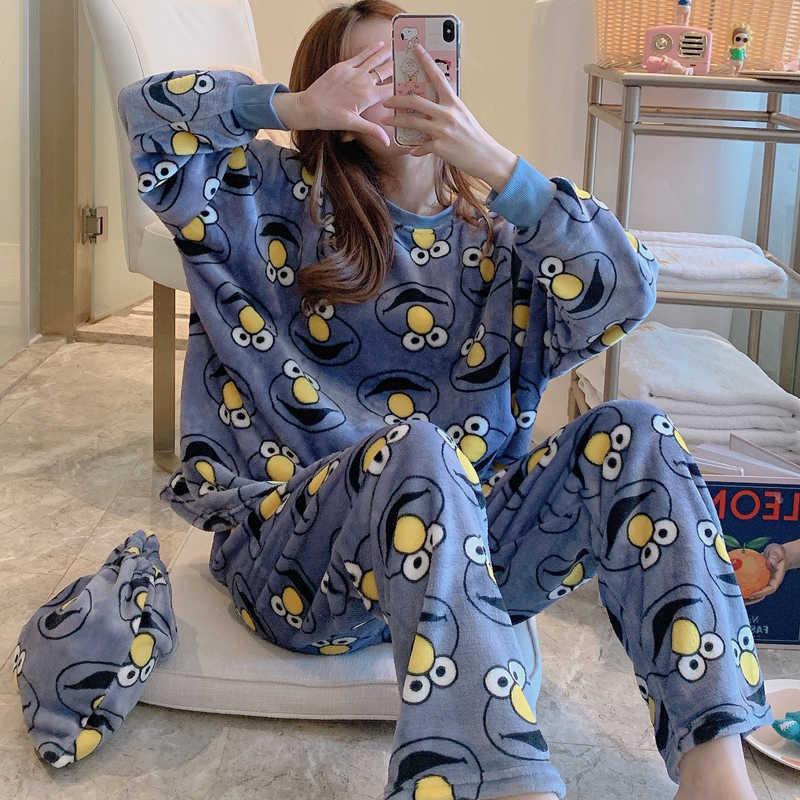 Pajamas Women Winter Flannel Korean Version of The Long-sleeved Thickened Plus Velvet Coral Fleece Cute Autumn and Winter Home Service Suit Women