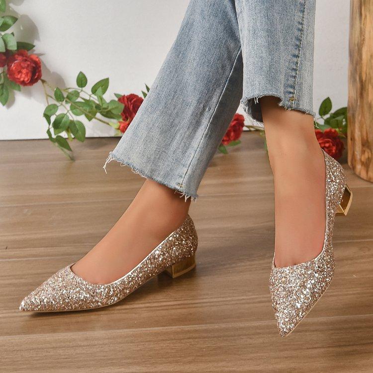 Fashion Sexy  Shiny Sequin Pumps Women New Pointed Toe Low Heels Wedding Party Shoes Woman Slip-on Bling Glitter Bride Shoes
