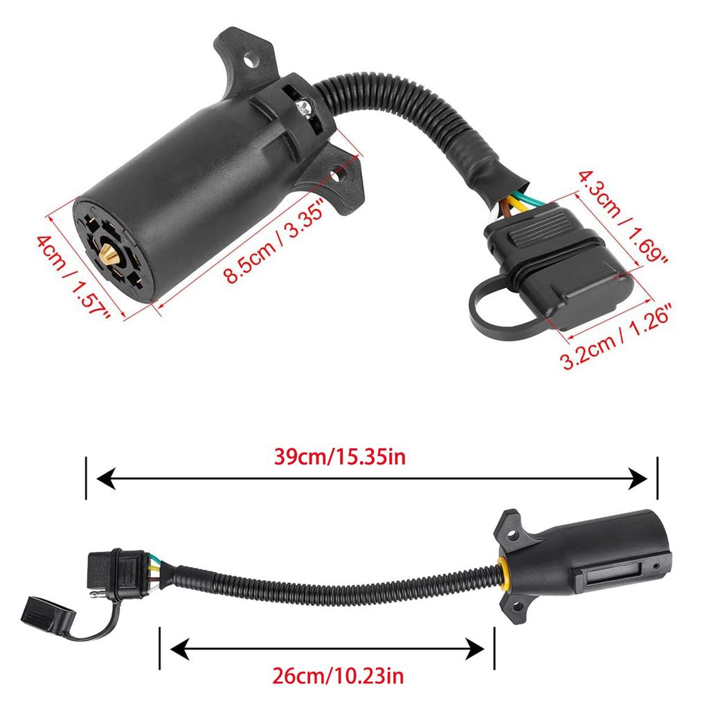 Trailer Plug Adapter, 7-Pin to 4-Pin with Waterproof Cap, 7 Way Round Plug Blade Connector Converts to 4 Way Flat Female Socket