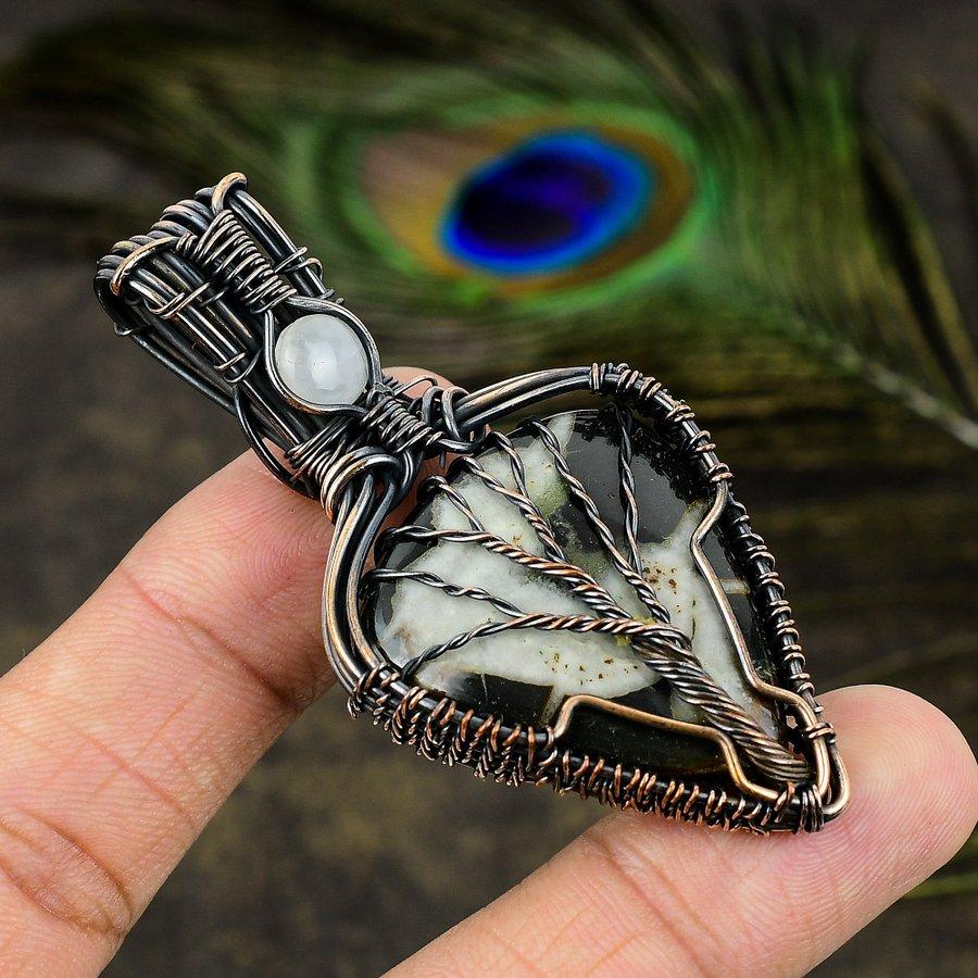 Mud Crack Fossil, Moonstone Gemstone Copper Wire Wrap Jewelry Pendant 2.76"