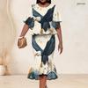 Women Plus Size Two Piece Skirt Set Round Neck Batwing Sleeve Galaxy Printed Ruffle Hem Top Fishtail Skirt
