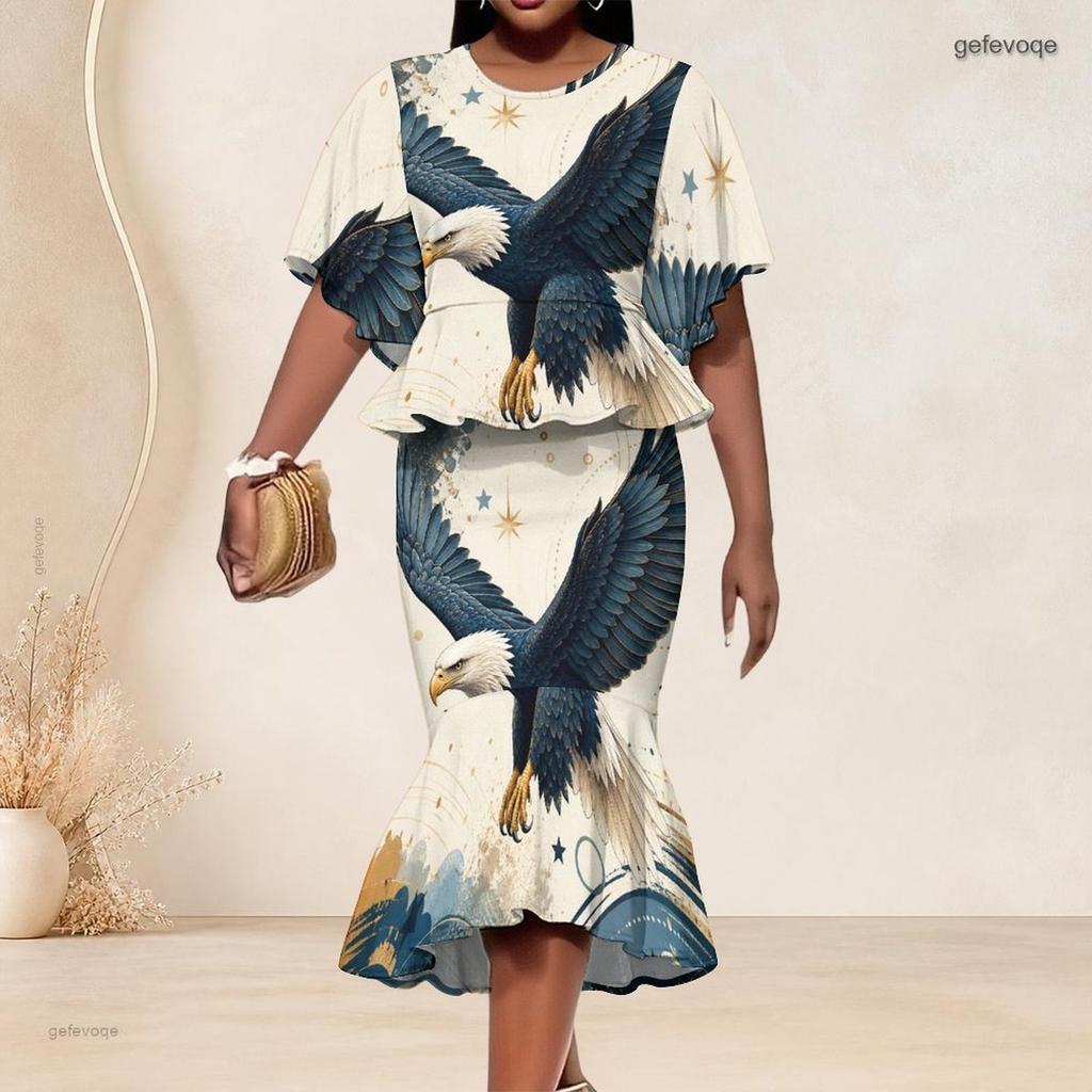 Women Plus Size Two Piece Skirt Set Round Neck Batwing Sleeve Galaxy Printed Ruffle Hem Top Fishtail Skirt