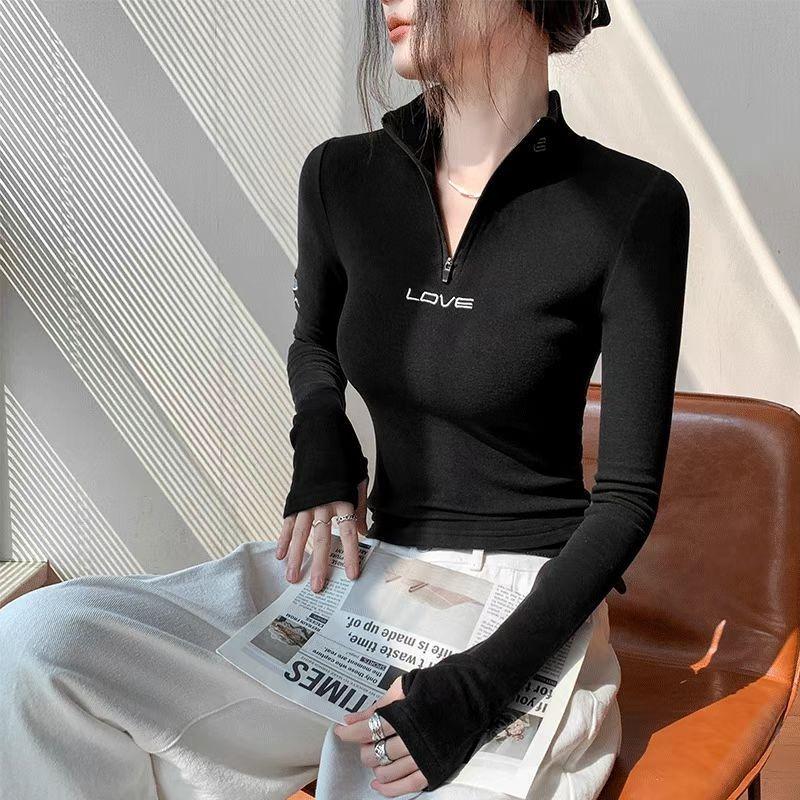 Spring Trendy Women Half Zip Stand Collar Tshirt  Base Long Sleeve Casual Pullover Tops