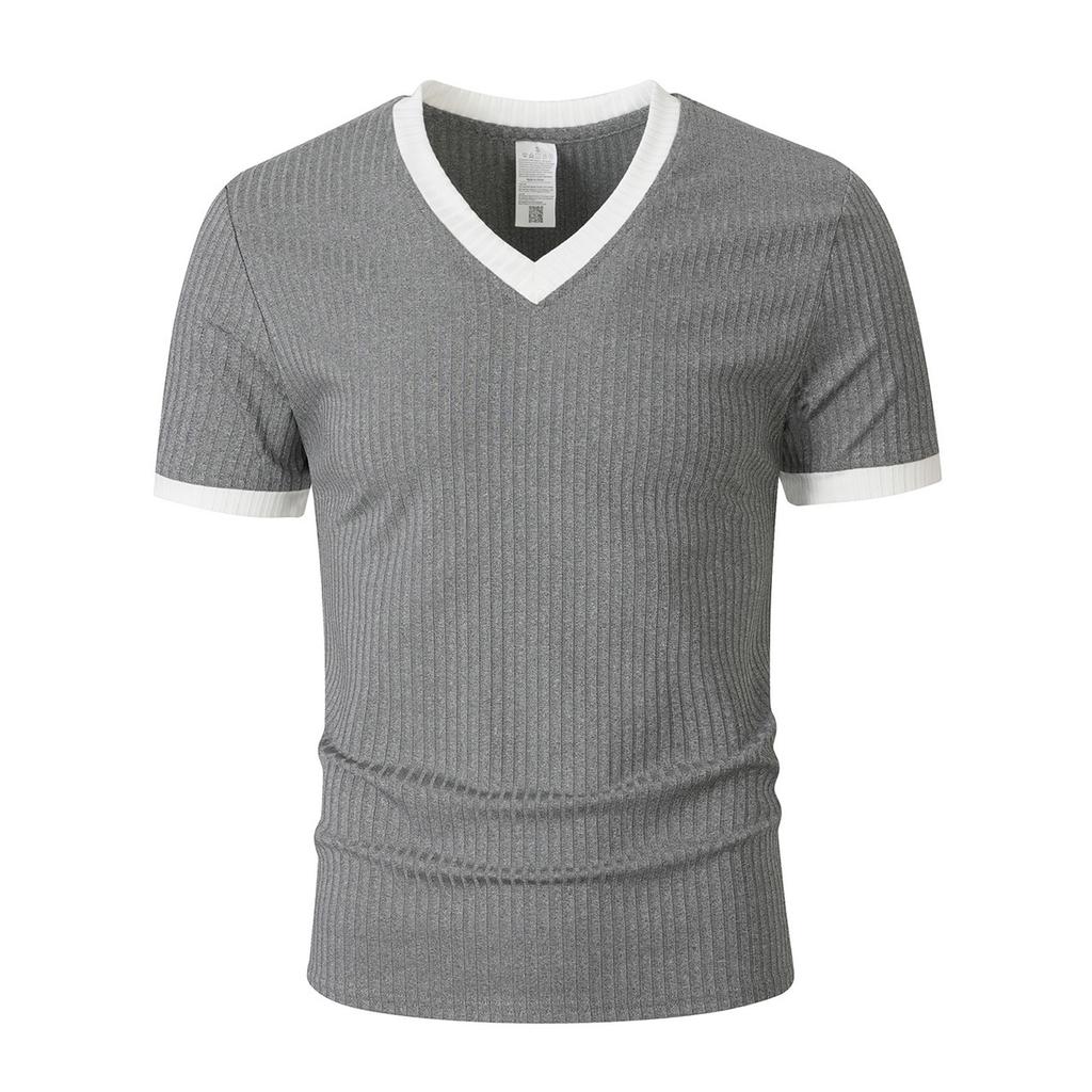 Herren Schlanke Passform V-Ausschnitt Kurzarm Gerippt Gestreift Lässig Sport Fitness T-Shirt