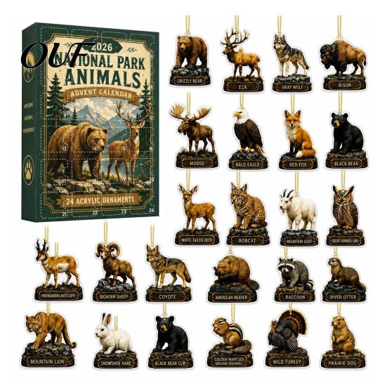 Gift Ideas for Children National Park Animal Arrival Calendar, 24 Days Acrylic Figures, Holiday Countdown Calendar Decorations 2D Flat Hanging