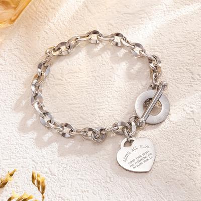 Stainless Steel Heart Charm Link Chain with OT Toggle Clasp – Elegant Zircon for Women,