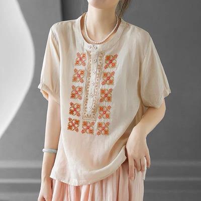 Large Size Clearance Original Summer Chinese Style New Ethnic Cotton and Linen Embroidered Top Shirt Round Neck Small Shirt Short Sleeves