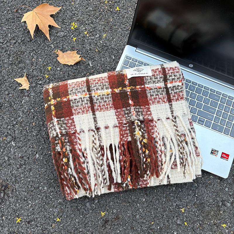 Korean Style Plaid Mohair Scarf - Women's Winter Imitation Cashmere Shawl