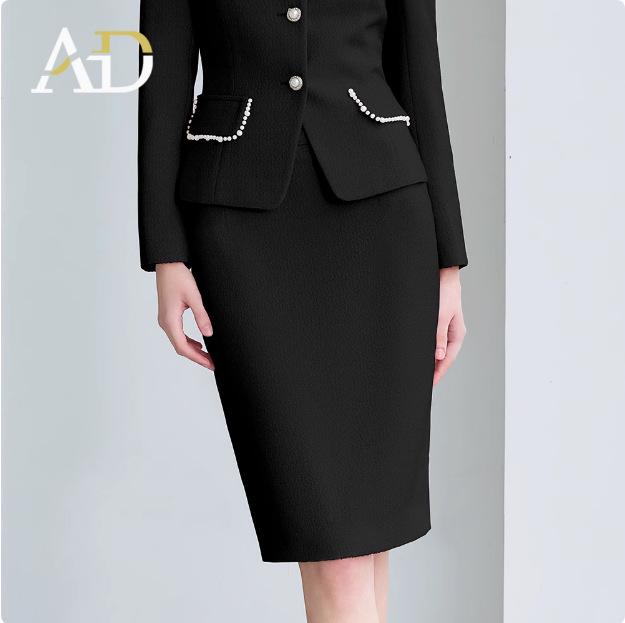 

Стильный черный комплект женского платья с круглым вырезом – Стиль богини, Ароматный ветер, Приталенная профессиональная юбка Medium