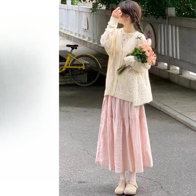 Pink Skirt Women's Spring and Autumn New Long Skirt High Waist and Thin Medium and Long A-shaped Skirt Small Cake Skirt