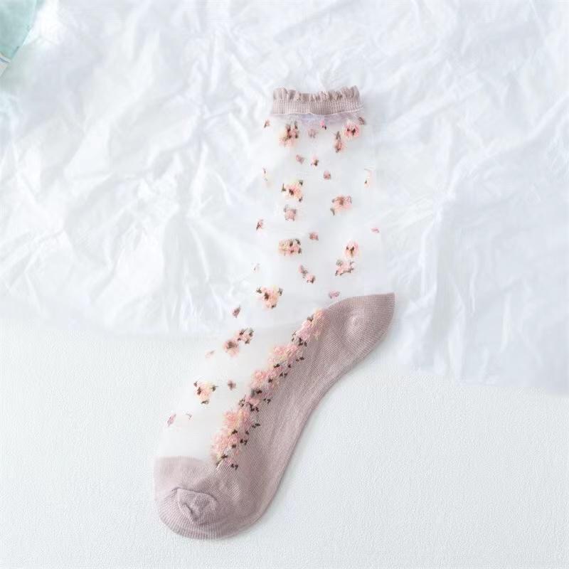 5Pairs Elastic Socks Crystal Glass Silk Ultrathin Lace Literary Sale Summer Transparent Jacquard Short Socks