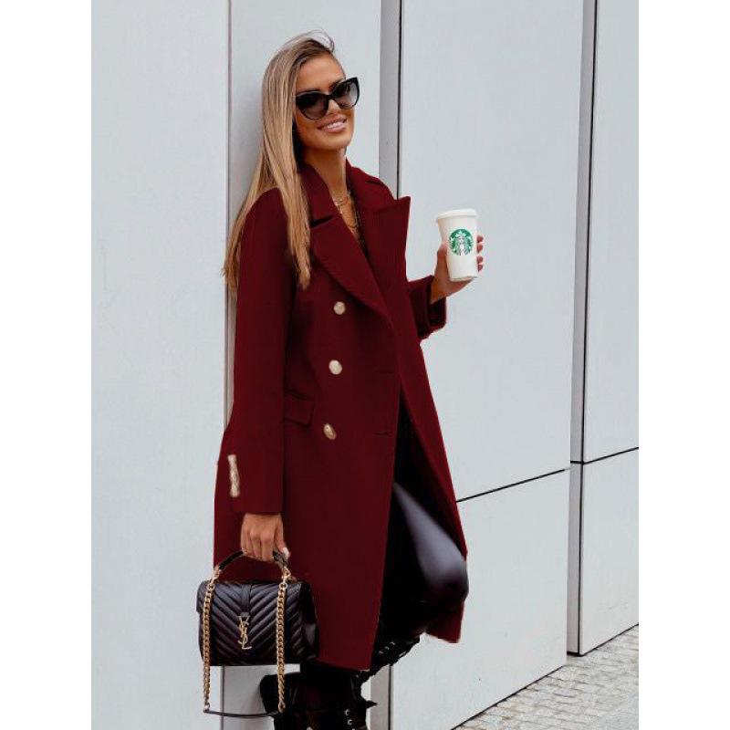 Women's Autumn/Winter Double-Breasted Long-Sleeve Woolen Coat with Simple European and American Design