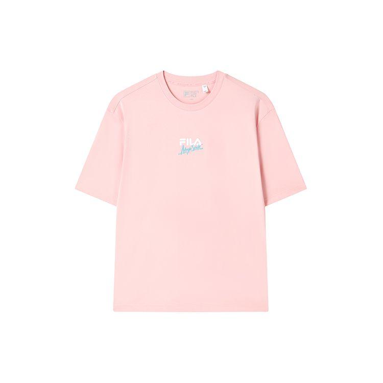 FILA X Magic Stick Collaboration American Vintage Crew Neck Letter Print Short Sleeve T-Shirt Unisex Tops Pink F11U329101F-PK