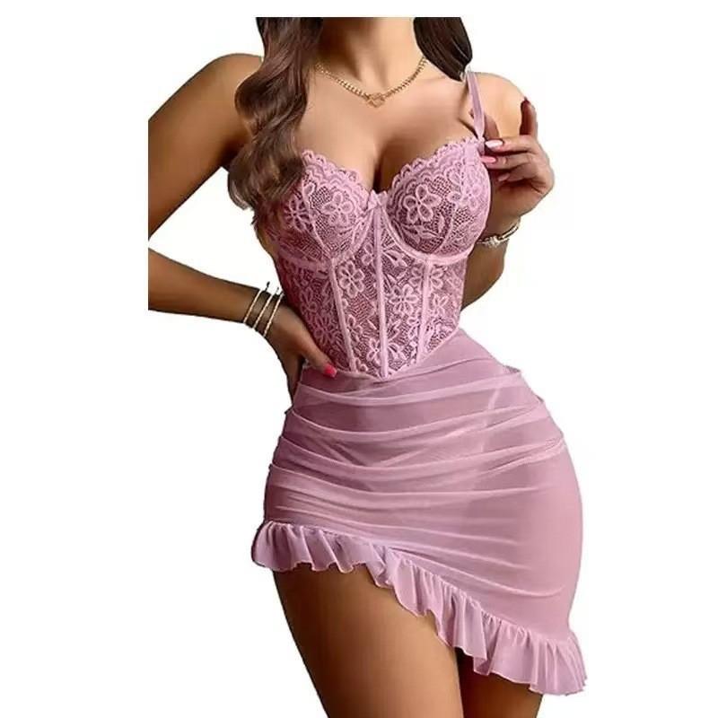 Lace Fishbone Lingerie Sleepwear Set With Sheer Material For Nightwear And Lounge