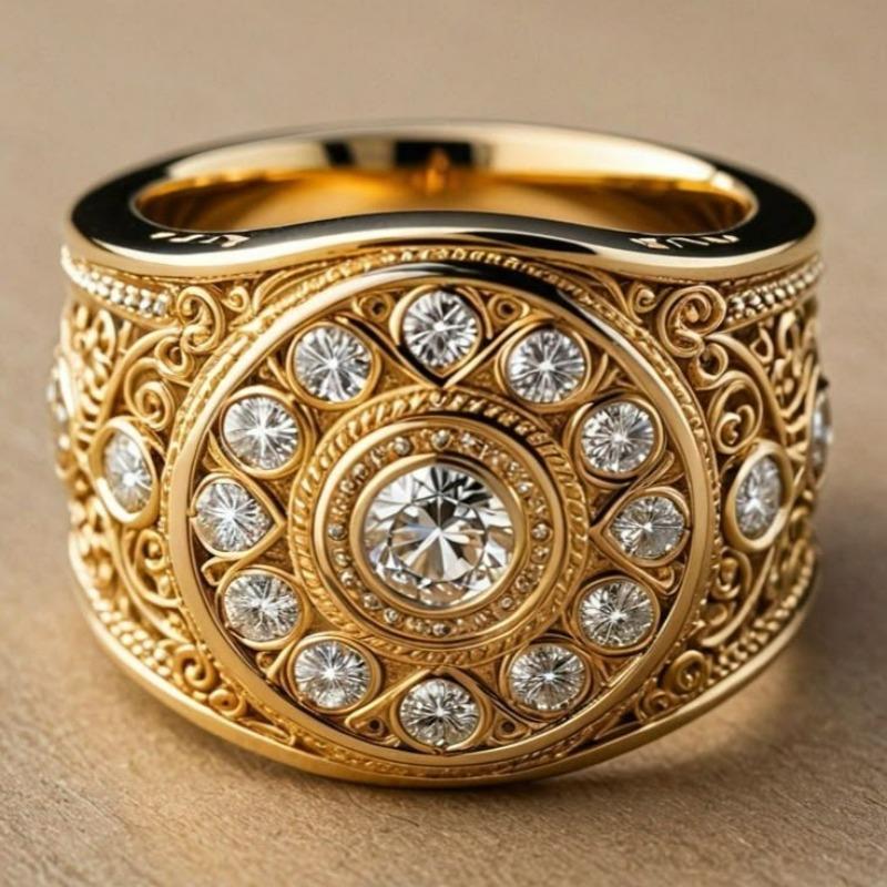 Exquisite Inlaid White CZ Women's Ring Dazzling Gold Color Hand Carving Daily Wear Party Jewelry Anniversary Gift