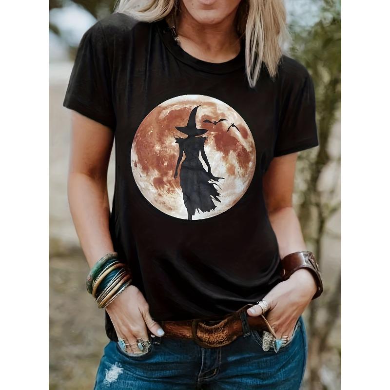 Halloween Witch & Moon Print Tee, Casual Short Sleeve Crew Neck T-shirt, Women s Clothing S