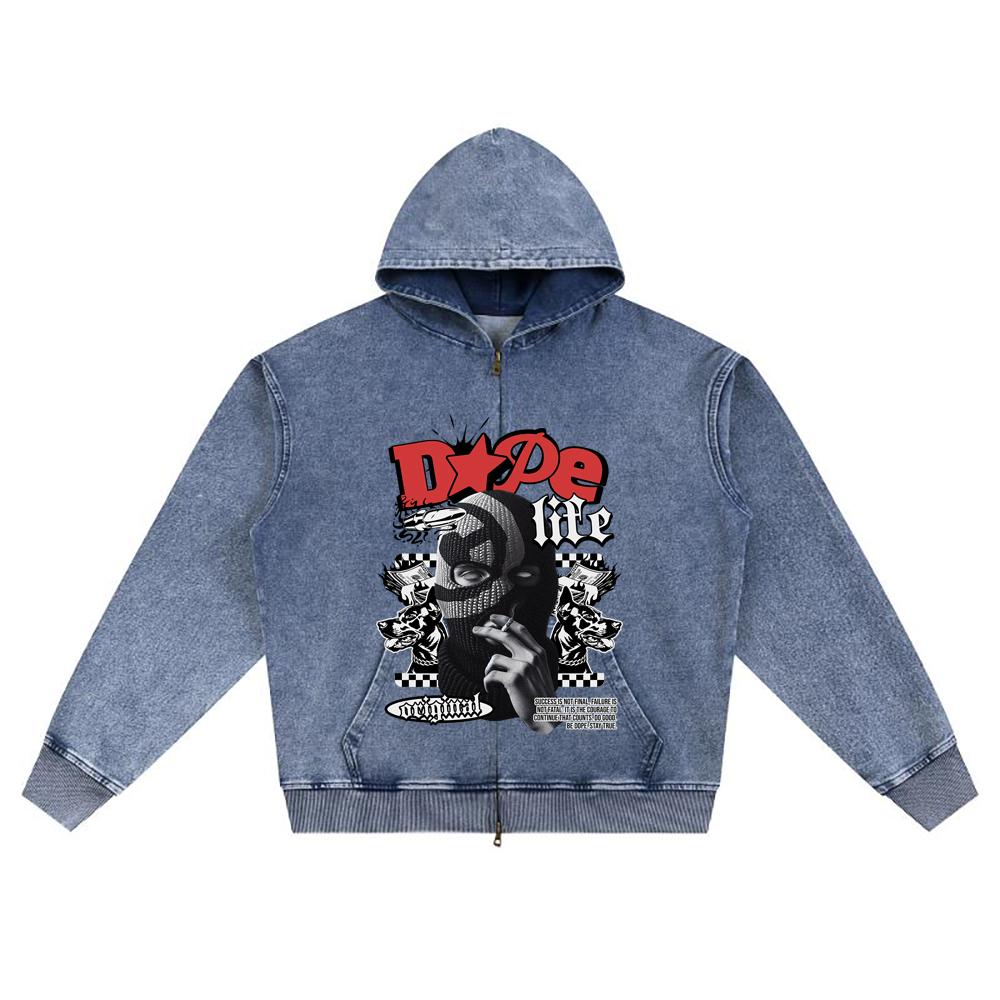 DTG print Knitted Denim Zip-Up Hoodie Streetwear Graphic Brother Print Zipper Hoodies  