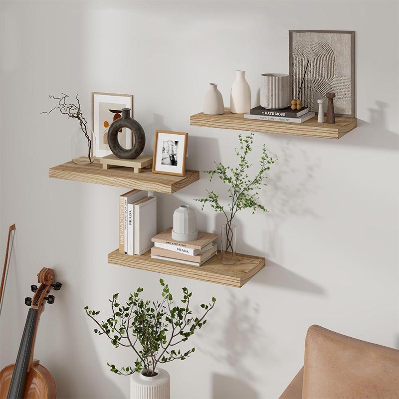 Solid Wood Wall Shelf for Living Room: Punched One-Line Board for Books and Decorative Display