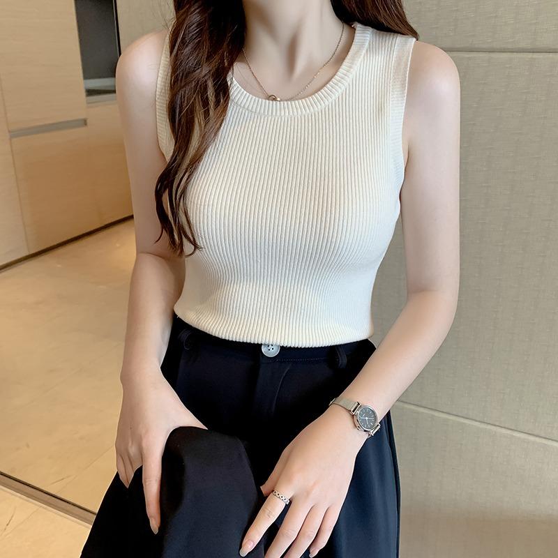 Summer Sleeveless Knitted Casual Tank Tops Women Camis Fashion Solid Slim Fit Round Neck Base Tanks Vests Women Simple Office Ladies Tank 26299