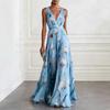 Women's V Neck Sleeveless Floral Maxi Dress Slim Fit High Waist Elegant Party Chiffon Dress