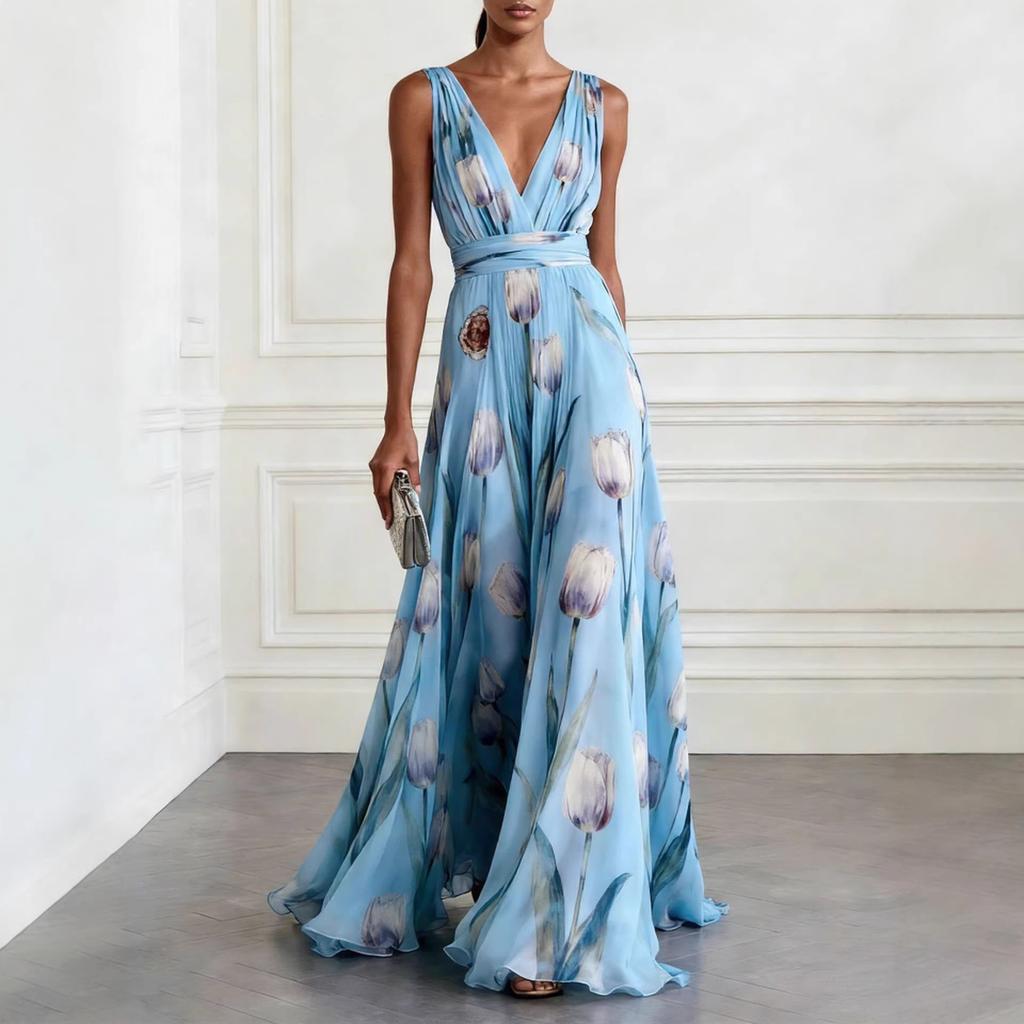 Women's V Neck Sleeveless Floral Maxi Dress Slim Fit High Waist Elegant Party Chiffon Dress